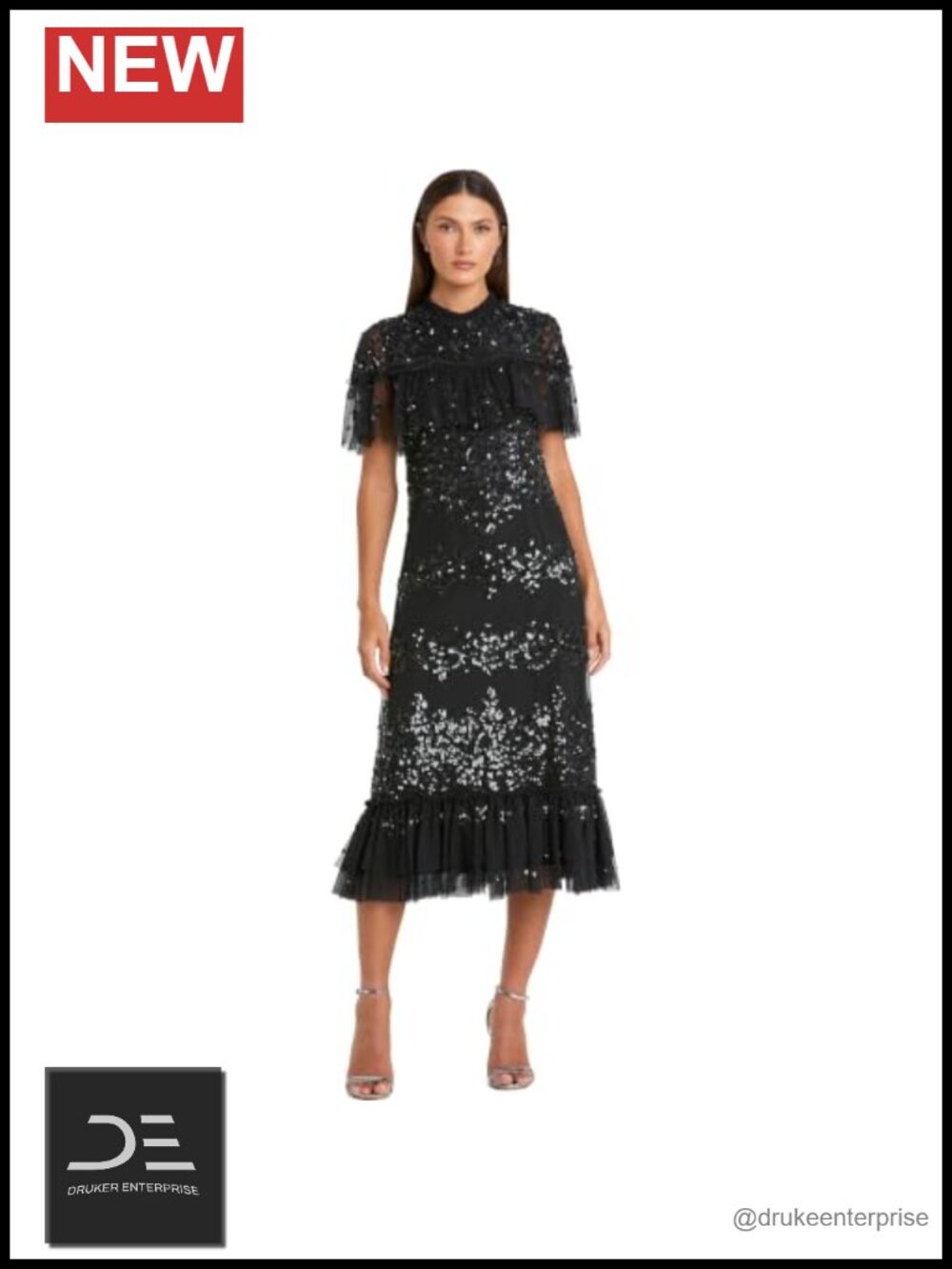 Mac Duggal Sequined High Neck Flutter Sleeve Midi Dress - Formal Evening